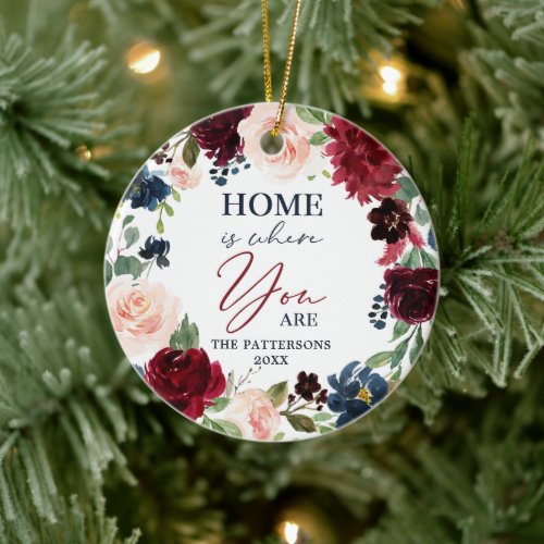 Home Is Where You Are Personalized Floral Wreath Ceramic Ornament