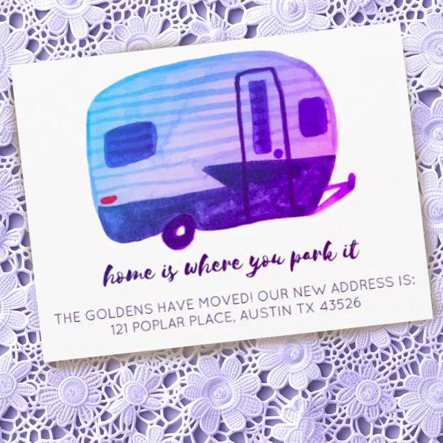 HOME IS WHERE YOU PARK IT New Address Camper RV Postcard (Custom new address postcard with watercolor retro RV trailer. Add your own text to customize it!)