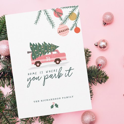 Home Is Where You Park It Pink Van Christmas Tree Holiday Card