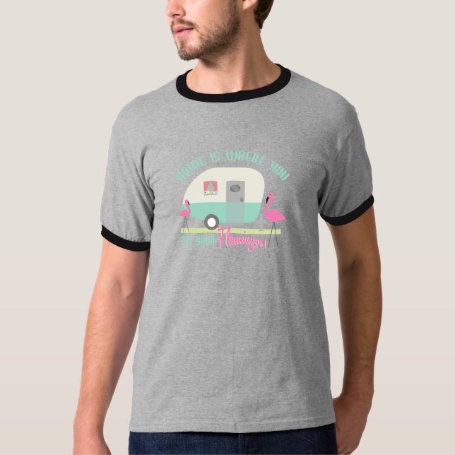 Home Is Where You Put Your Flamingos Retro Trailer T-Shirt (Front)