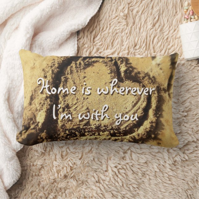 Home is Wherever Quote Heart Beach Sand Photo Bold Lumbar Pillow (Blanket)