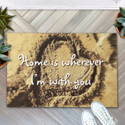 Home is Wherever Quote Heart Drawn in Sand Photo Doormat