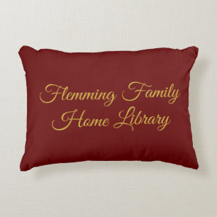 Home library cushion, red & gold, elegant script accent pillow