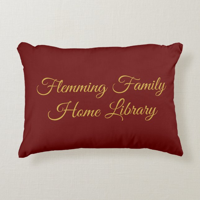 Home library cushion, red & gold, elegant script accent pillow (Front)