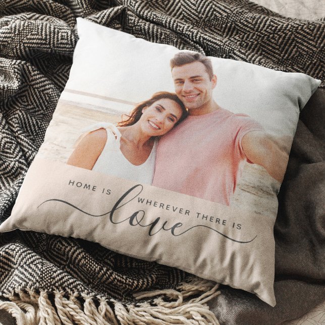 Home Love Modern Script Photo Valentine Wedding Throw Pillow (home is wherever there is love )