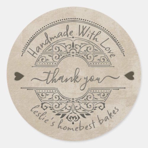 Home Made Bakery Thank You Kraft Grunge Hearts Classic Round Sticker