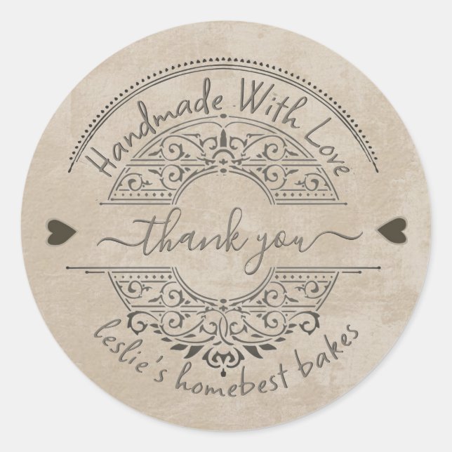 Home Made Bakery Thank You Kraft Grunge Hearts Classic Round Sticker (Front)