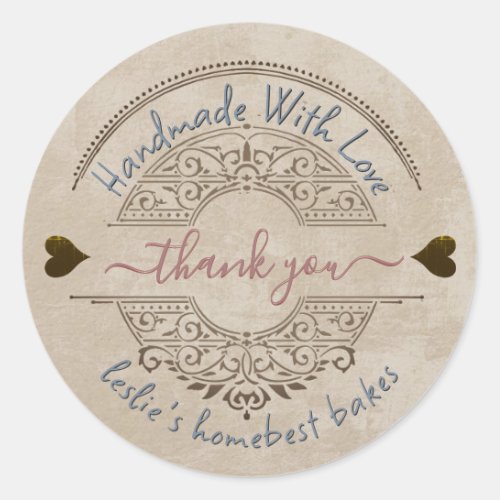 Home Made Bakery Thank You Kraft Grunge Hearts Classic Round Sticker