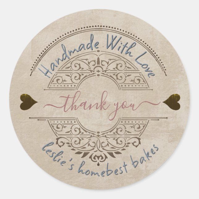 Home Made Bakery Thank You Kraft Grunge Hearts Classic Round Sticker (Front)