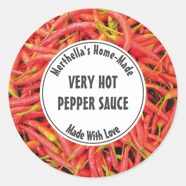 Home Made HOT PEPPER SAUCE Red Chilli Classic Round Sticker (Front)