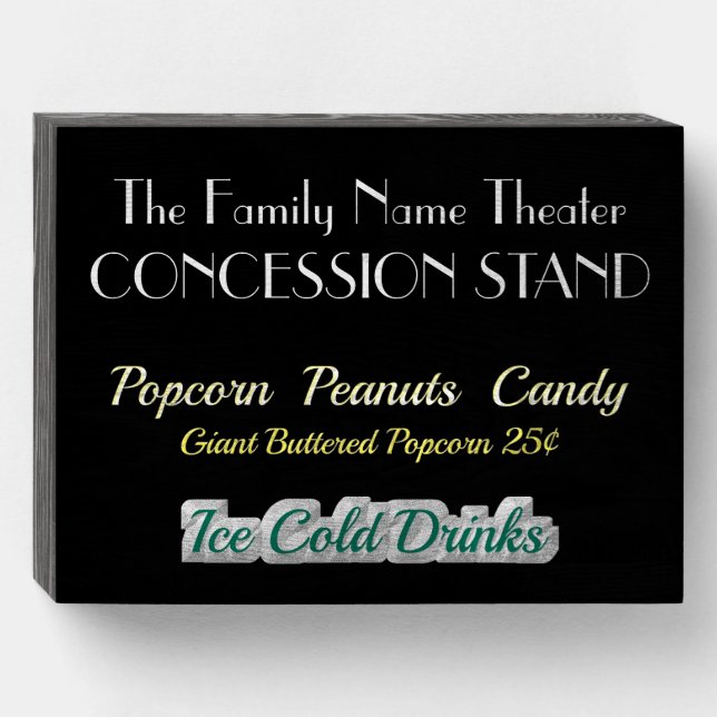 Home Movie Theater Concession Stand Wood Box Sign (Front Horizontal)