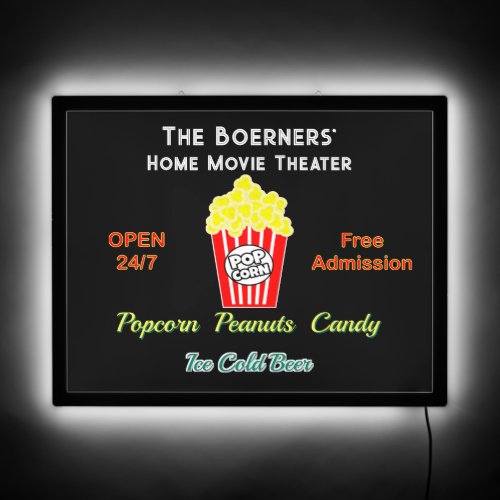 Home Movie Theater Open 247  Popcorn Cold Beer LED Sign