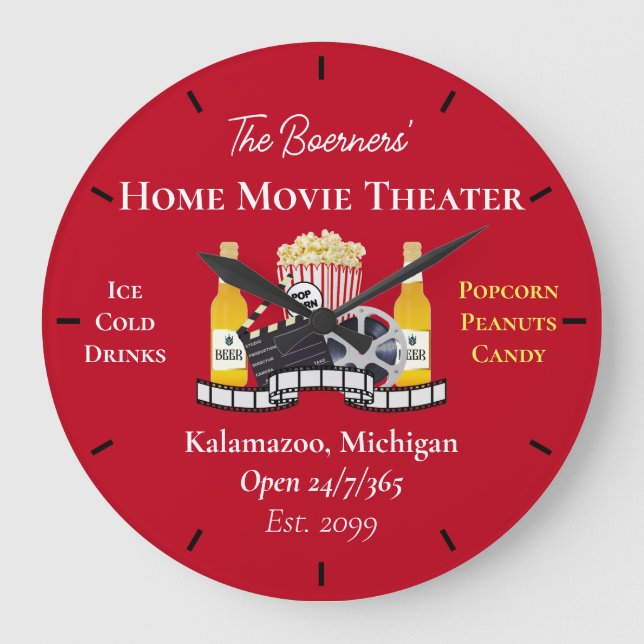 Home Movie Theater Popcorn Clapperboard Film Large Clock (Front)