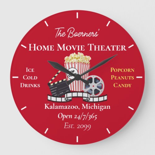 Home Movie Theater Popcorn Clapperboard Film Round Large Clock