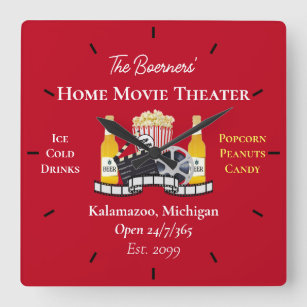 Home Movie Theater Popcorn Clapperboard Film Square Wall Clock