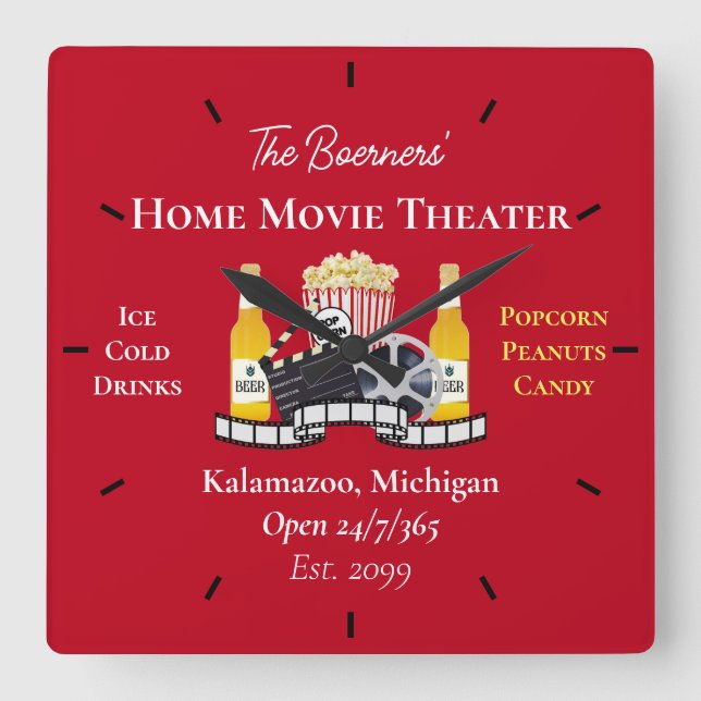 Home Movie Theater Popcorn Clapperboard Film Square Wall Clock (Front)