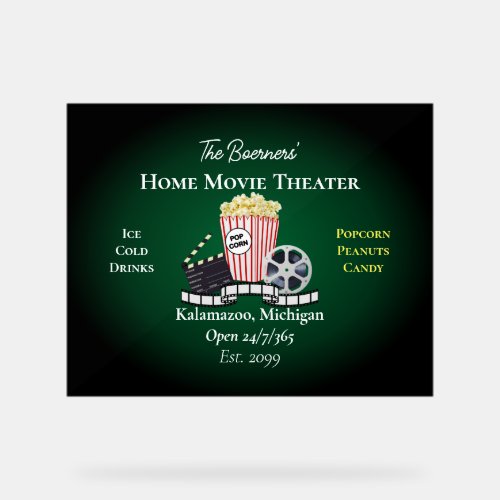 Home Movie Theater Popcorn Film Green Acrylic Sign