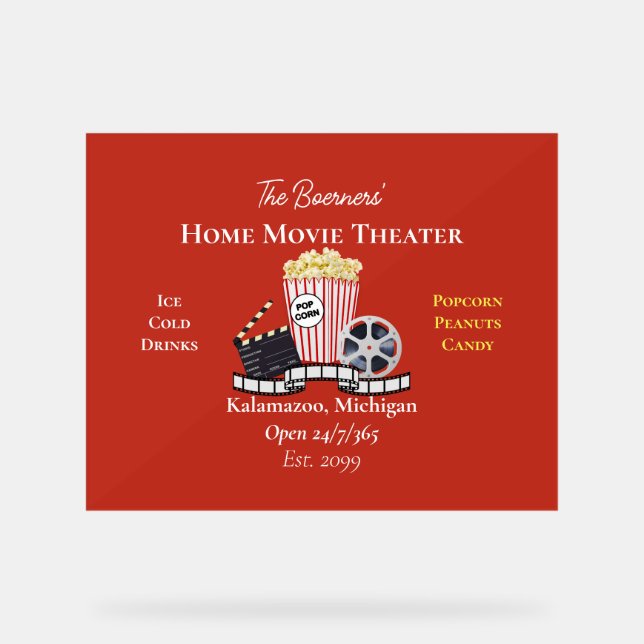 Home Movie Theater Popcorn Film Reel Acrylic Sign (Front)