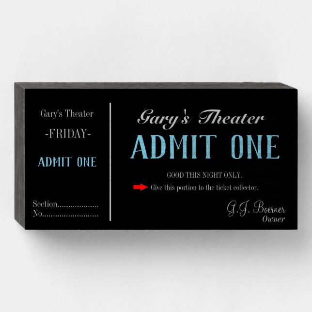 Home Movie Theater TV Room Ticket Wooden Box Sign (Front Horizontal)
