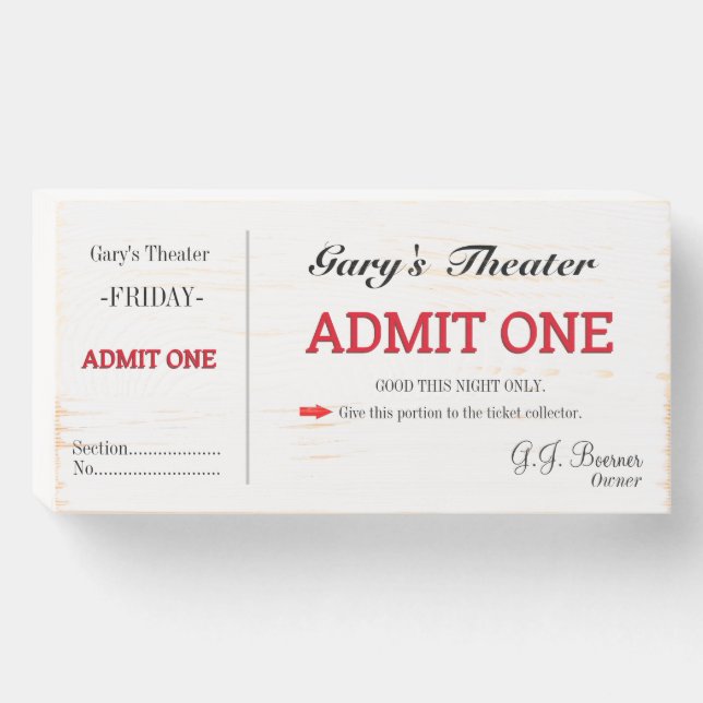 Home Movie Theater TV Room Ticket Wooden Box Sign (Front Horizontal)