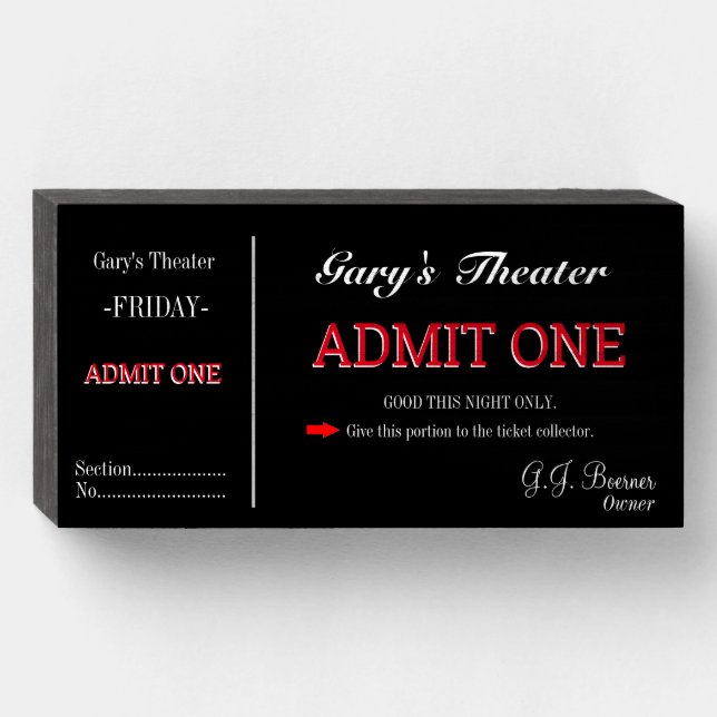 Home Movie Theater TV Room Ticket Wooden Box Sign (Front Horizontal)