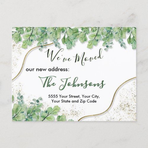 Home Moving Announcement Gold Greenery Eucalyptus  Postcard