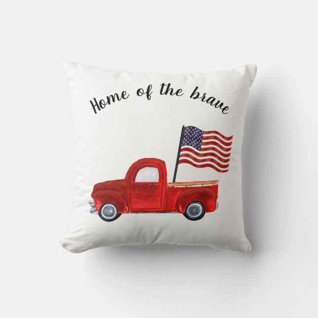 Home of Brave American Flag Red Truck Patriotic Throw Pillow (Front)