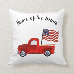 Home of Brave American Flag Red Truck Patriotic Throw Pillow
