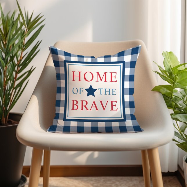 Home of the Brave Blue Gingham Patriotic Outdoor Pillow (Creator Uploaded)