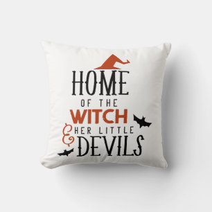 home of the witch and her little devils Halloween Throw Pillow