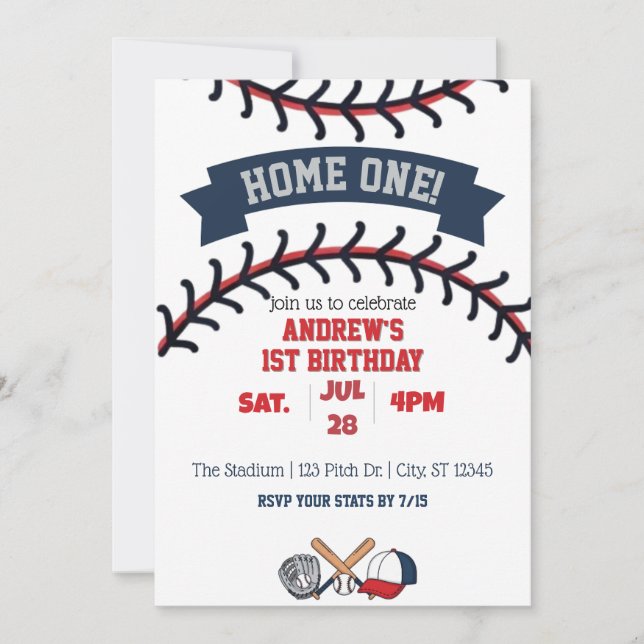Home One, Baseball 1st Birthday Invitation (Front)
