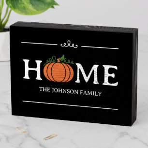 Home Orange Pumpkin Black Custom Last Name Wooden Box Sign