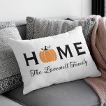 Home Orange Pumpkin Personalized Last Name Fall Lumbar Pillow<br><div class="desc">Welcome guests to your home this fall with an inviting personalized lumbar rectangle throw pillow. The simple and stylish typography design features "Home" wording with elegant custom script text for your family name and an orange harvest pumpkin accent. Includes a black,  white,  orange,  and green color scheme.</div>