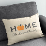 Home Orange Pumpkin Personalized Last Name Fall Lumbar Pillow<br><div class="desc">Welcome guests to your home this fall with an inviting personalized lumbar rectangle throw pillow. The simple and stylish typography design features "Home" wording with elegant custom script text for your family name and an orange harvest pumpkin accent. Includes a neutral beige,  charcoal gray,  white,  and green color scheme.</div>