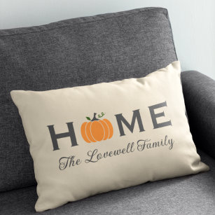 Home Orange Pumpkin Personalized Last Name Fall Lumbar Pillow