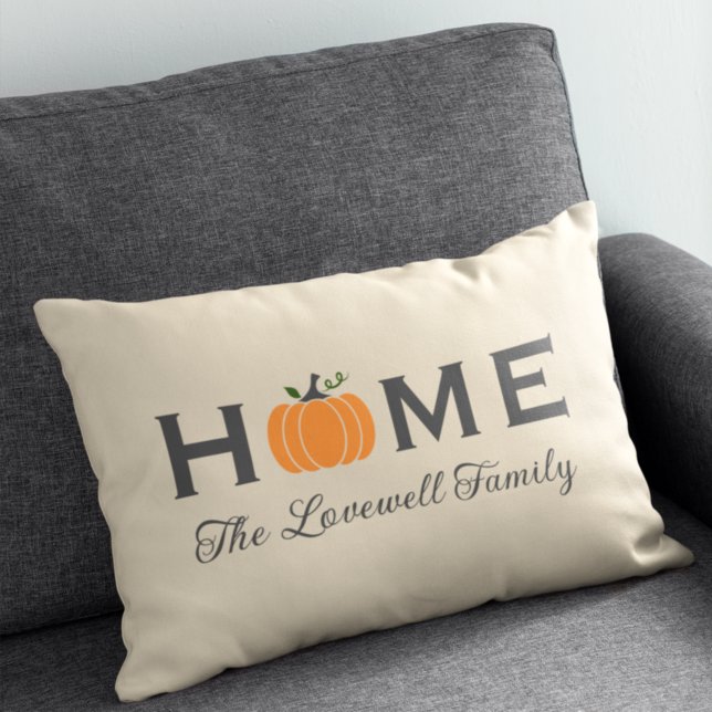 Home Orange Pumpkin Personalized Last Name Fall Lumbar Pillow (Creator Uploaded)