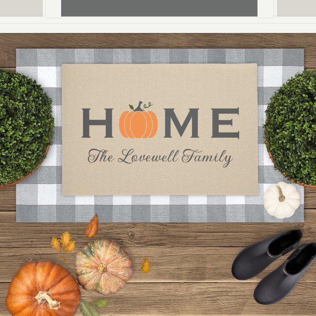 Home Orange Pumpkin Rustic Tan Family Name Doormat (Creator Uploaded)