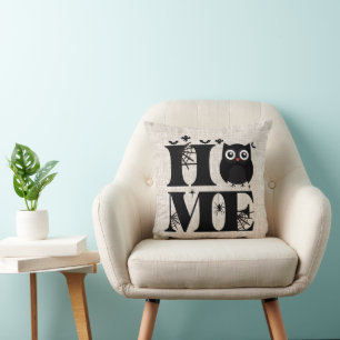 Home Owl Spiderwebs Ghosts Burlap Halloween Throw Pillow