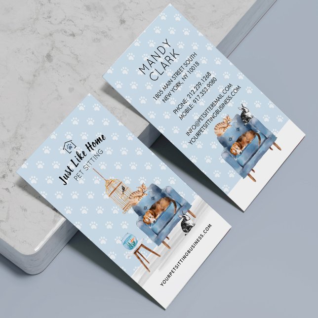 Home Pet Sitting | Dog & Cat Sleeping on Blue Sofa Business Card (Home Pet Sitting | Dog & Cat Sleeping on Blue Sofa Business Card)