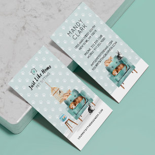 Home Pet Sitting Dog & Cat Sleeping on Green Sofa Business Card