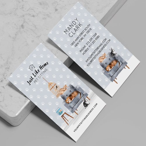 Home Pet Sitting  Dog  Cat Sleeping on Grey Sofa Business Card