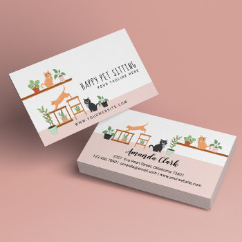 Home Pet Sitting Loveable Happy Cat & House Plants Business Card by moodthology at Zazzle