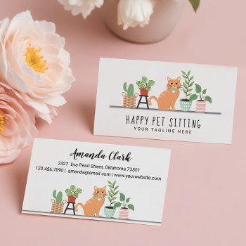 Home Pet Sitting Loveable Happy Cat & House Plants Business Card by moodthology at Zazzle
