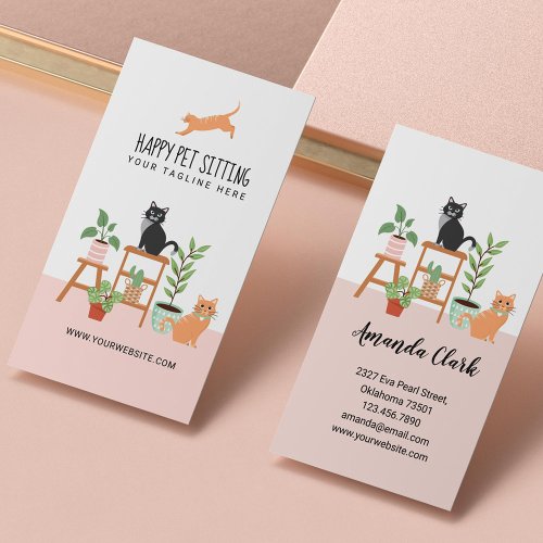 Home Pet Sitting Loveable Happy Cat  House Plants Business Card