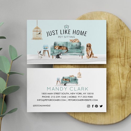 Home Pet Sitting Watercolor Cozy Home Green Couch  Business Card