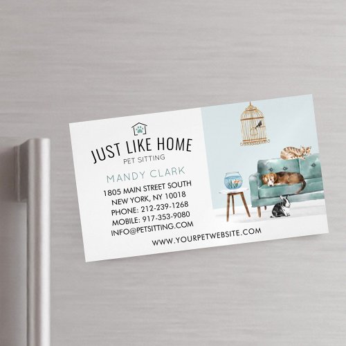 Home Pet Sitting Watercolor Cozy Home Green Couch Business Card Magnet