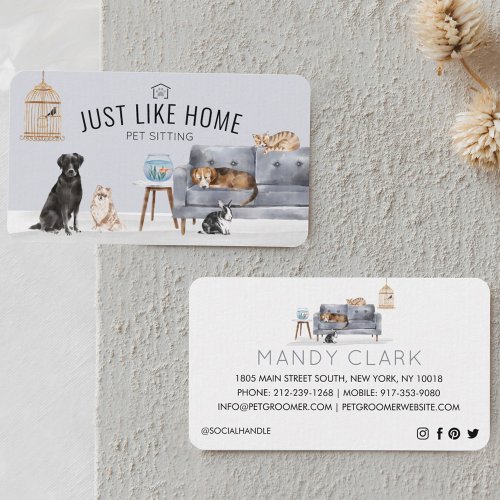 Home Pet Sitting Watercolor Cozy Home Grey Couch Business Card