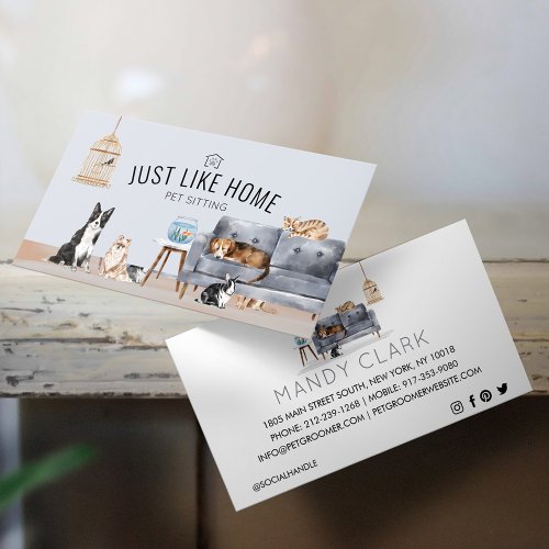 Home Pet Sitting Watercolor Cozy Home Grey Couch Business Card
