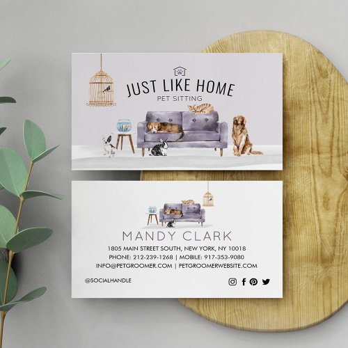 Home Pet Sitting Watercolor Cozy Home Mauve Couch  Business Card