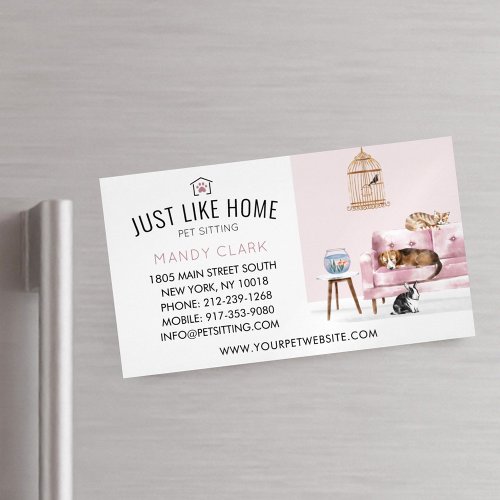 Home Pet Sitting Watercolor Cozy Home Pink Couch Business Card Magnet